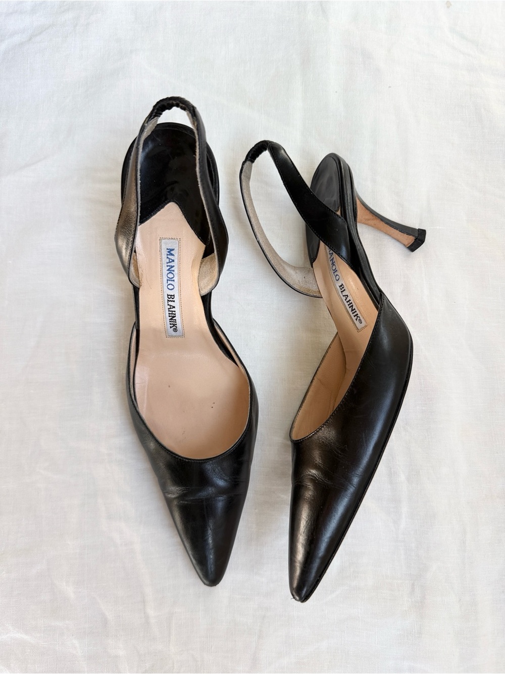 Manolo Blahnik Vintage Black Leather Pointed-Toe Slingback Heels